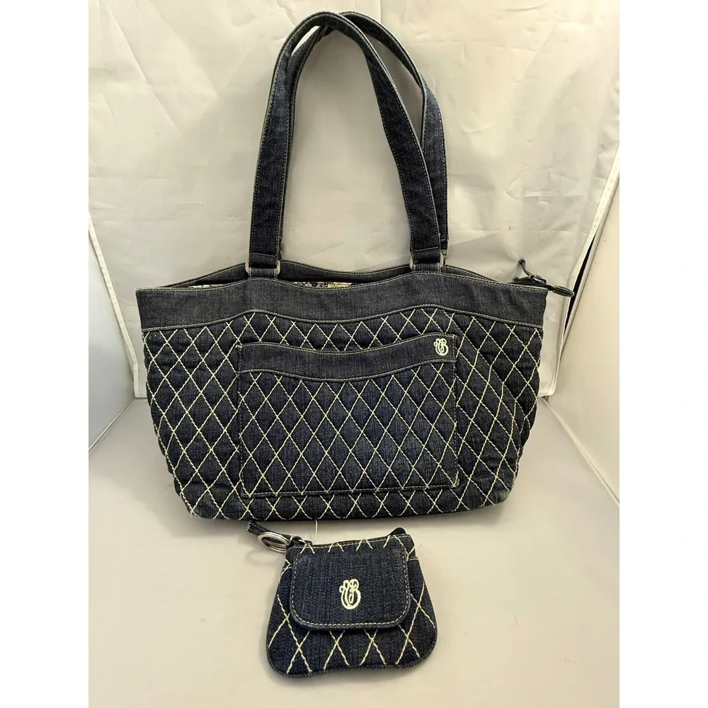Vera Bradley Quilted Denim Tote Bag Purse Blue Paisley Lining With Coin Pouch